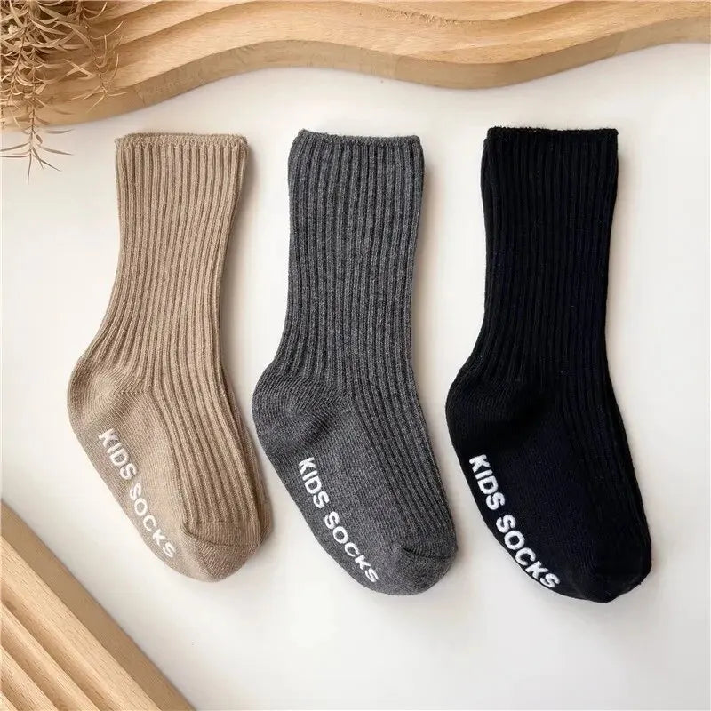 Baby / Toddler Unisex Three Pair Lot Cotton Ribbed Soft Non-Slip Rubber Grip Socks