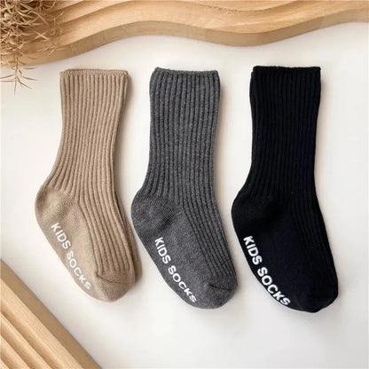 Baby / Toddler Unisex Three Pair Lot Cotton Ribbed Soft Non-Slip Rubber Grip Socks