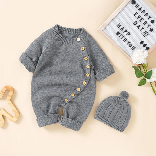 Baby Long Sleeve Knitted Jumpsuit with Matching Beenie
