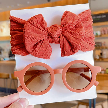 2 PC Cotton Bowknot Wide Hairband and Round Sunglasses Set Baby Girls