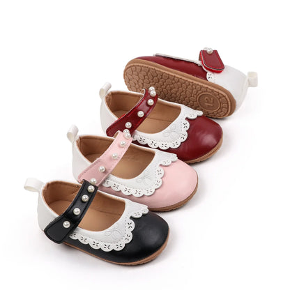 Baby / Newborn Girl Mary Jane Flats with Pearls and Bow Embroidery