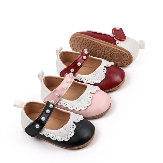 Baby / Newborn Girl Mary Jane Flats with Pearls and Bow Embroidery