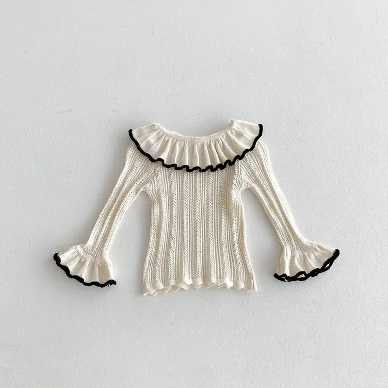 Baby Girl Knitted Lotus Leaf Collar Blouse and Ruffle Overalls Skirt 2PC Set