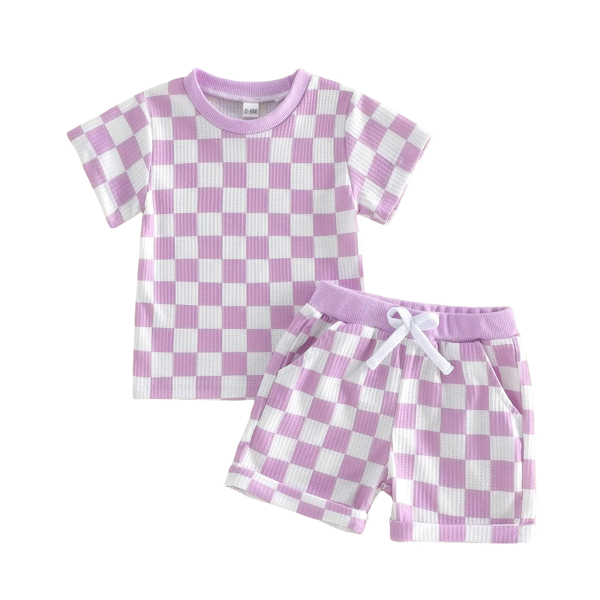 Baby Girl Checkered Print Short Sleeve Waffle Tops with Shorts 2Pcs Set