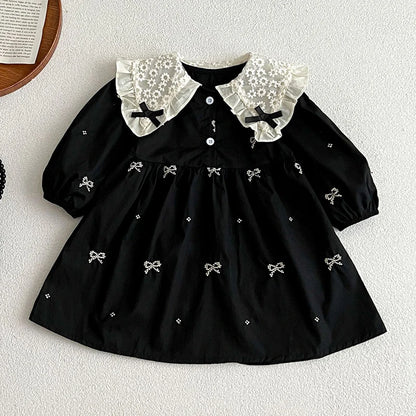 Baby Girls Goth Long Sleeve Bow Embroidered Sisters Romper / Dress