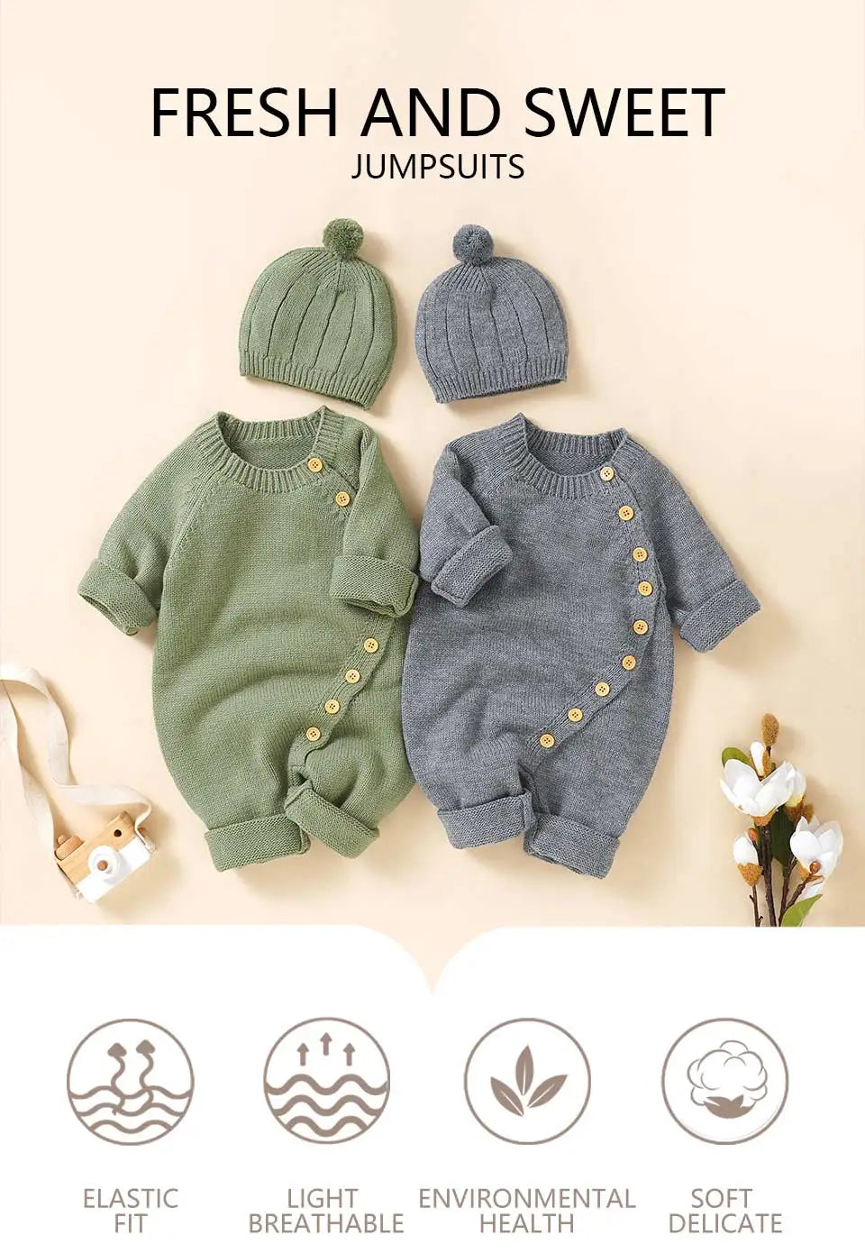 Baby Long Sleeve Knitted Jumpsuit with Matching Beenie