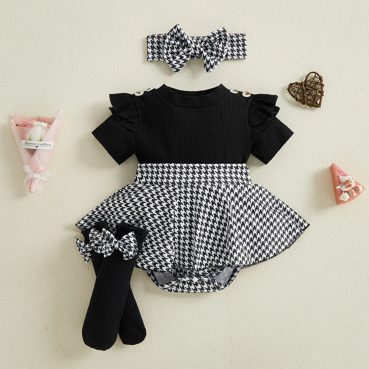 Baby Girls Houndstooth Ribbed Romper Dress with Matching Headband and Knee High 3 PC Set