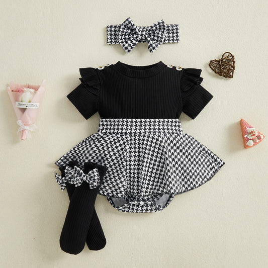 Baby Girls Houndstooth Ribbed Romper Dress with Matching Headband and Knee High 3 PC Set