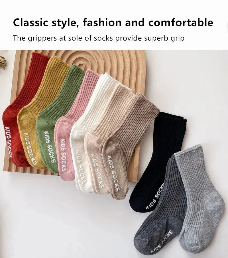 Baby / Toddler Unisex Three Pair Lot Cotton Ribbed Soft Non-Slip Rubber Grip Socks
