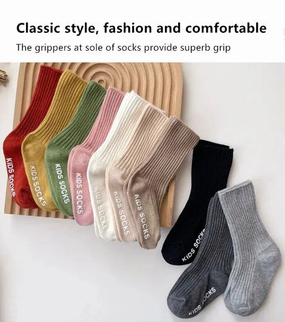 Baby / Toddler Unisex Three Pair Lot Cotton Ribbed Soft Non-Slip Rubber Grip Socks