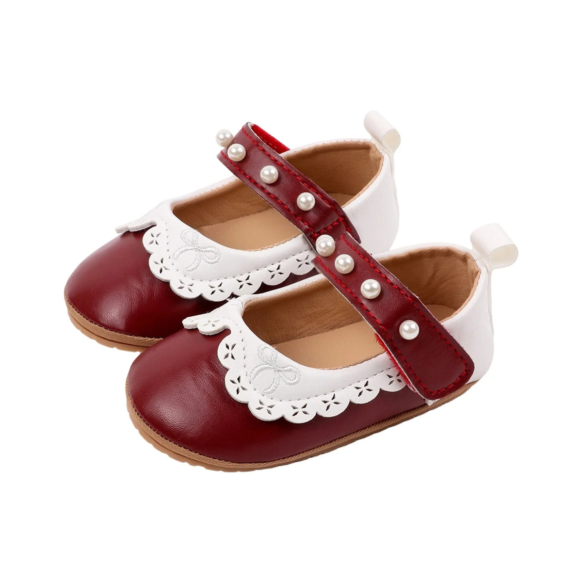 Baby / Newborn Girl Mary Jane Flats with Pearls and Bow Embroidery