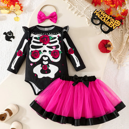 Halloween Baby Girl Skeleton Rose Print Long Sleeve Romper, Tulle Skirt and Matching Bow Headband 3 Pcs Set