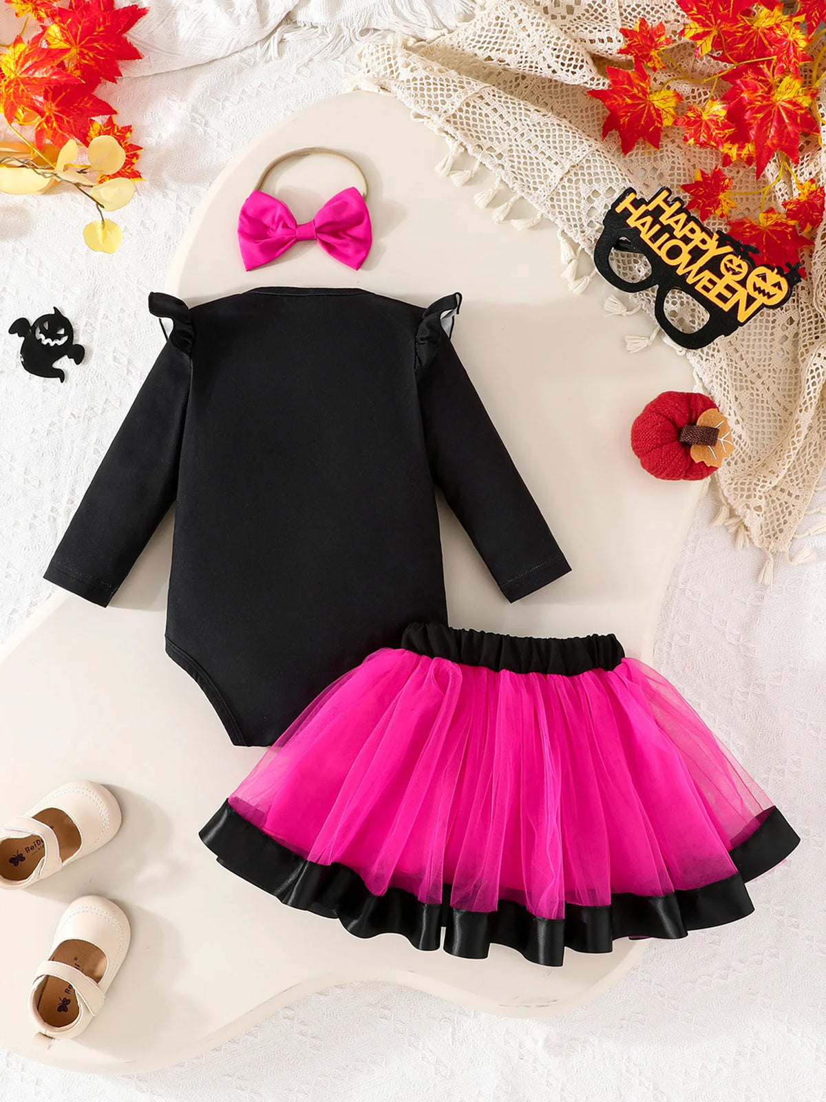 Halloween Baby Girl Skeleton Rose Print Long Sleeve Romper, Tulle Skirt and Matching Bow Headband 3 Pcs Set