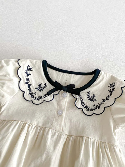 Baby Girl Embroidered Lapel Short Sleeve Triangle Jumpsuit