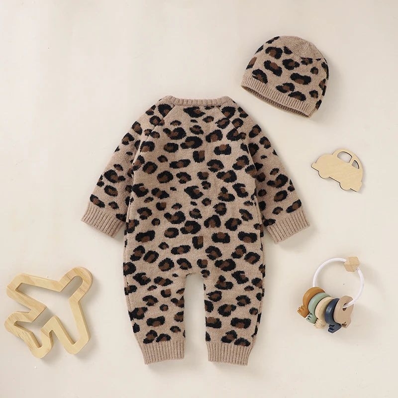 Baby Girl Leopard Knitted Long Sleeve 2 PC Jumpsuit with Matching Hat