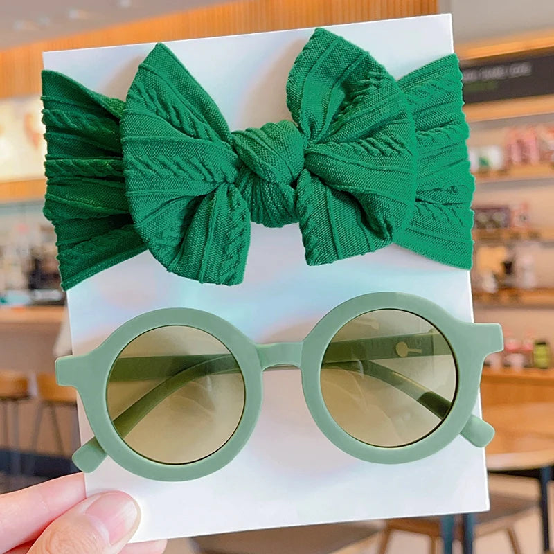 2 PC Cotton Bowknot Wide Hairband and Round Sunglasses Set Baby Girls