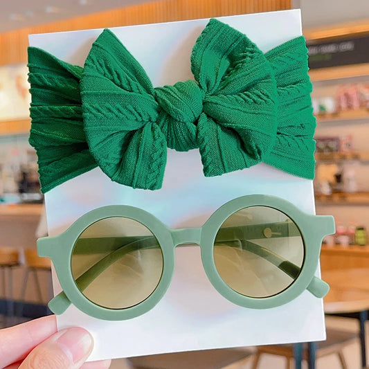 2 PC Cotton Bowknot Wide Hairband and Round Sunglasses Set Baby Girls