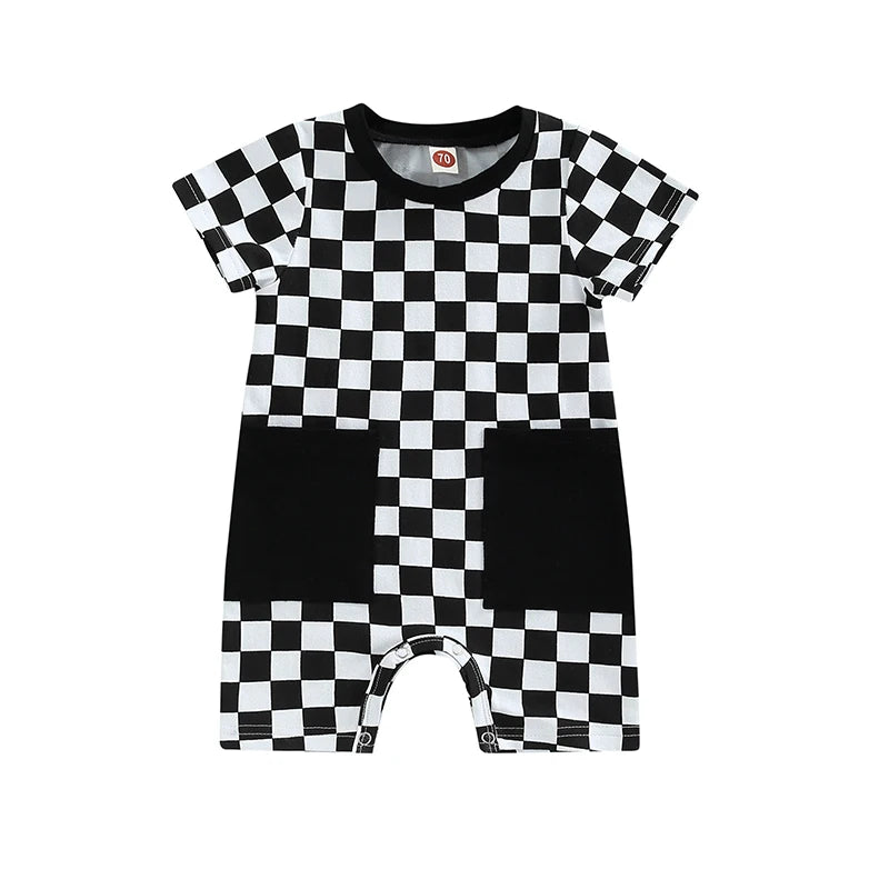 Baby Boy Lightweight Short Sleeve Checkered Print Jumpsuit