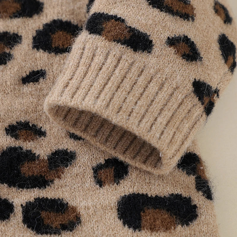 Baby Girl Leopard Knitted Long Sleeve 2 PC Jumpsuit with Matching Hat
