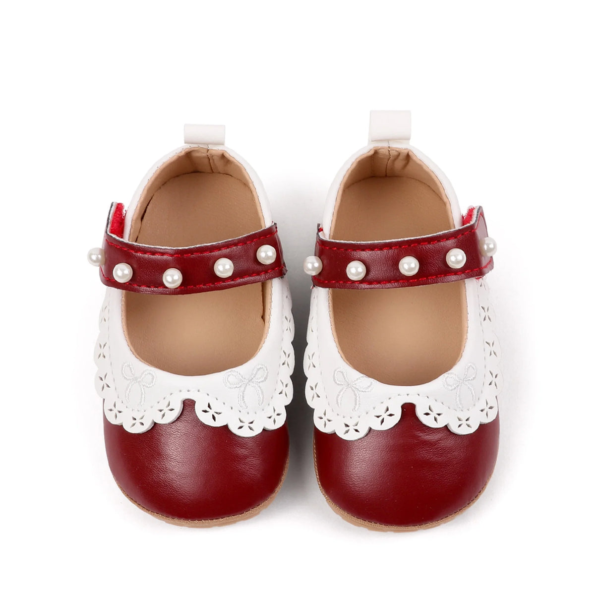Baby / Newborn Girl Mary Jane Flats with Pearls and Bow Embroidery