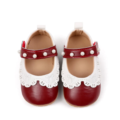 Baby / Newborn Girl Mary Jane Flats with Pearls and Bow Embroidery