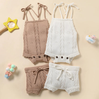 Baby Girls Summer Knitted Jumpsuit and Shorts 2 Piece Set
