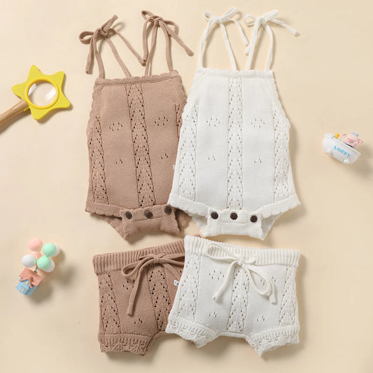Baby Girls Summer Knitted Jumpsuit and Shorts 2 Piece Set