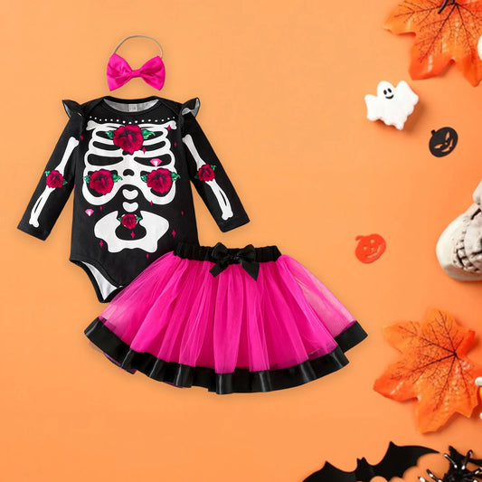 Halloween Baby Girl Skeleton Rose Print Long Sleeve Romper, Tulle Skirt and Matching Bow Headband 3 Pcs Set
