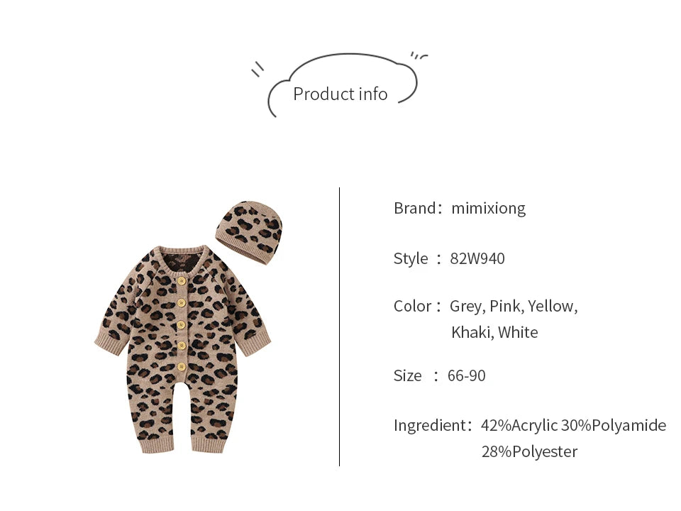 Baby Girl Leopard Knitted Long Sleeve 2 PC Jumpsuit with Matching Hat