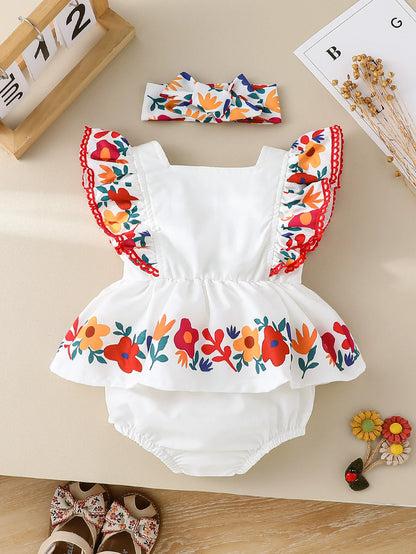 Baby Girl Flower Print Square Neck 2PC Bodysuit Romper with Matching Headband