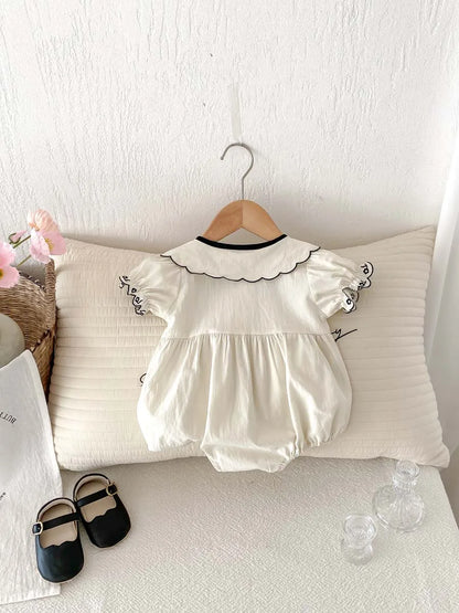 Baby Girl Embroidered Lapel Short Sleeve Triangle Jumpsuit