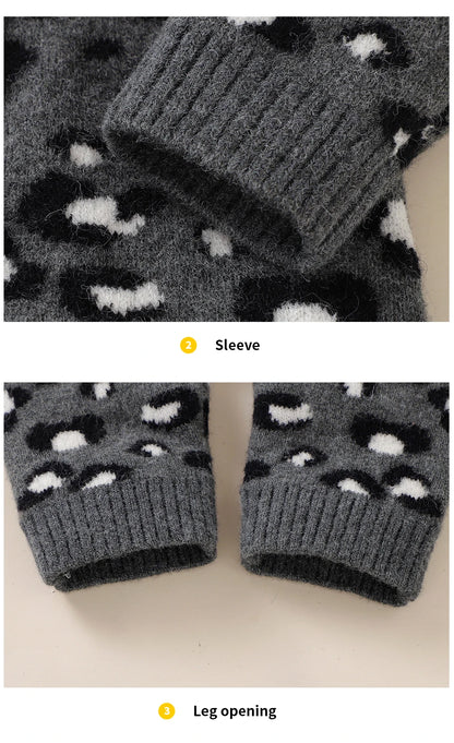 Baby Girl Leopard Knitted Long Sleeve 2 PC Jumpsuit with Matching Hat