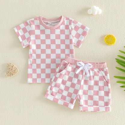Baby Girl Checkered Print Short Sleeve Waffle Tops with Shorts 2Pcs Set