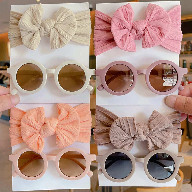 2 PC Cotton Bowknot Wide Hairband and Round Sunglasses Set Baby Girls