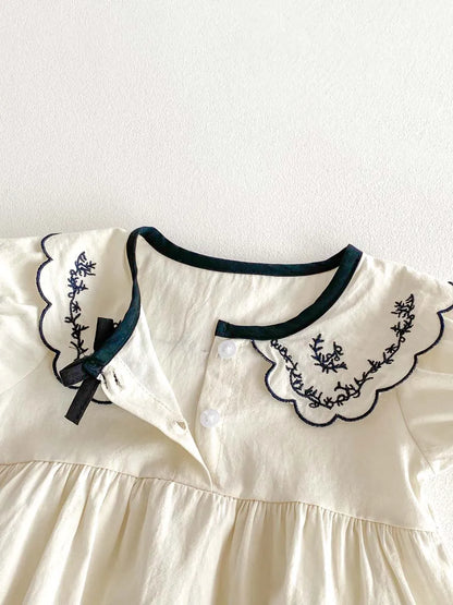 Baby Girl Embroidered Lapel Short Sleeve Triangle Jumpsuit