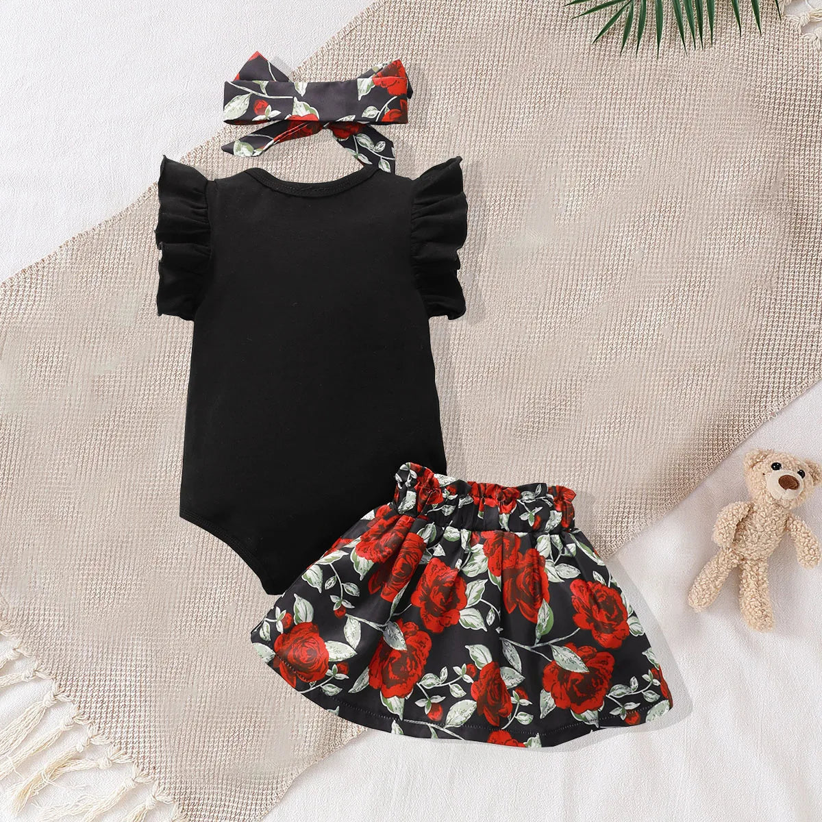 Baby Girl Black Ruffle Sleeve Onesie with Floral Skirt and Matching Headband 3 PC Set