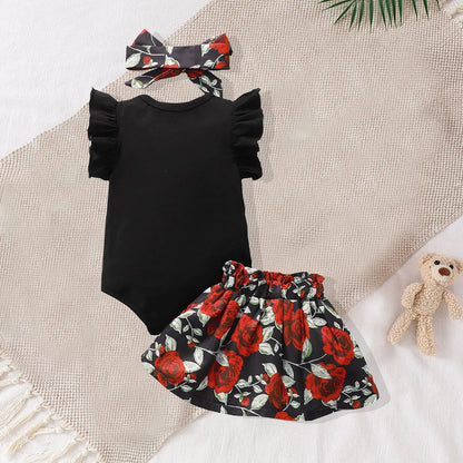 Baby Girl Black Ruffle Sleeve Onesie with Floral Skirt and Matching Headband 3 PC Set