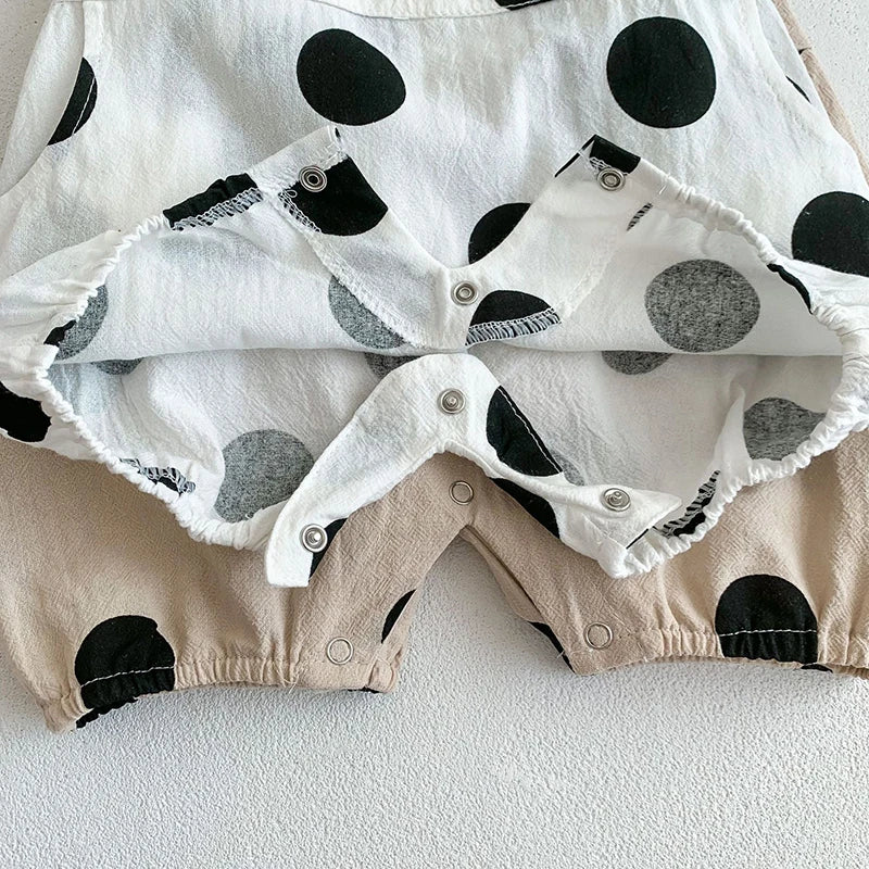 Baby Two Piece Summer Large Polk-A-Dot Overalls Romper With Matching Sun Hat Set