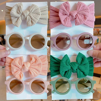 2 PC Cotton Bowknot Wide Hairband and Round Sunglasses Set Baby Girls