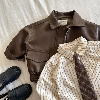 Toddler Boy Brown Lapel Collar PU Leather Jacket