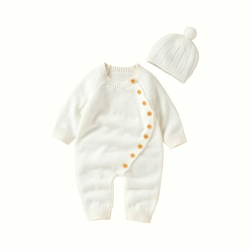 Baby Long Sleeve Knitted Jumpsuit with Matching Beenie