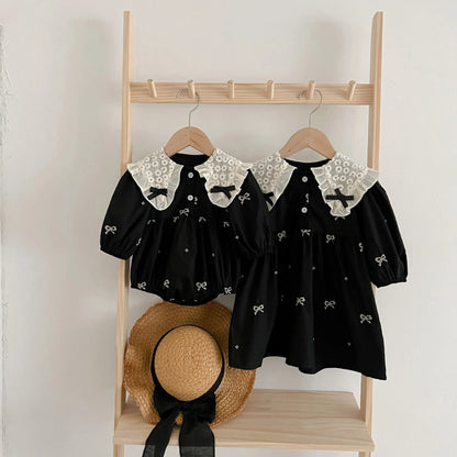 Baby Girls Goth Long Sleeve Bow Embroidered Sisters Romper / Dress