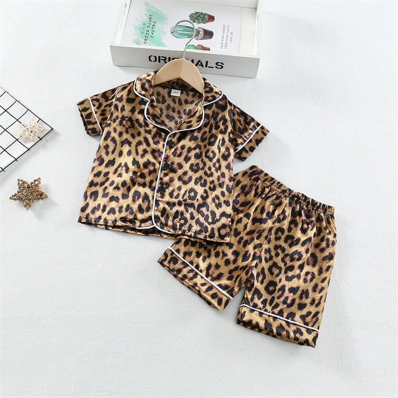 Girls / Toddler Leopard Print Satin 2 Piece Shorts Set Pajamas