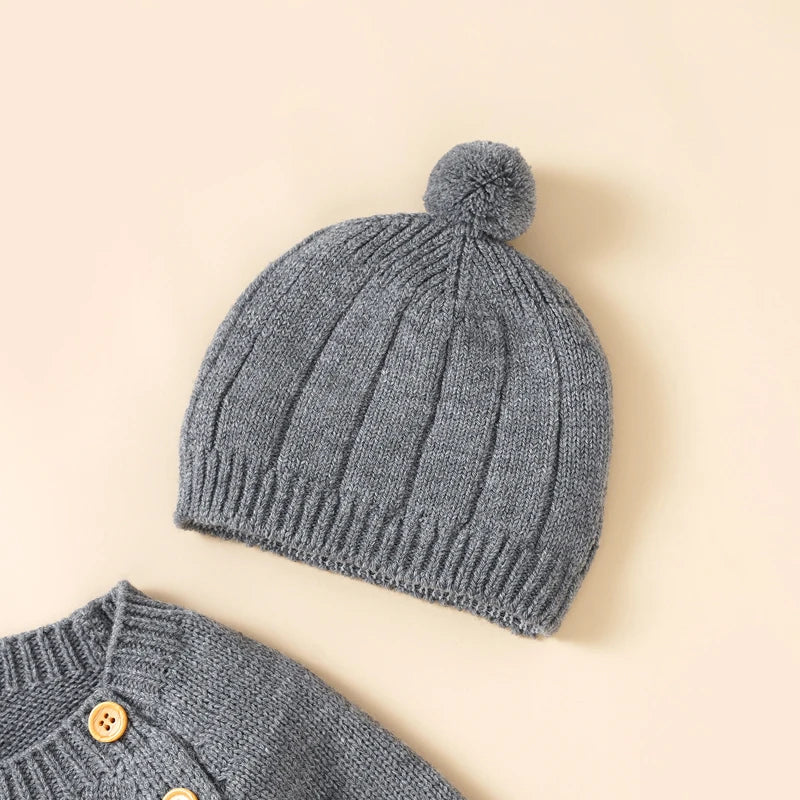 Baby Long Sleeve Knitted Jumpsuit with Matching Beenie