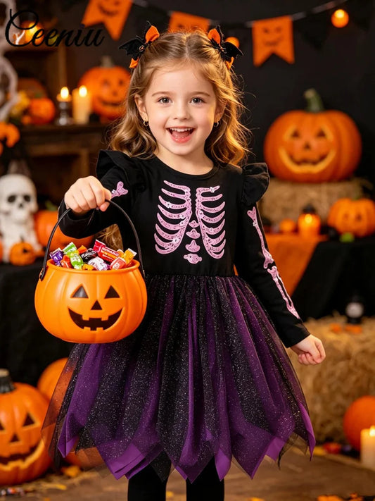 Halloween Girls Purple Skeleton Mesh Party Dress