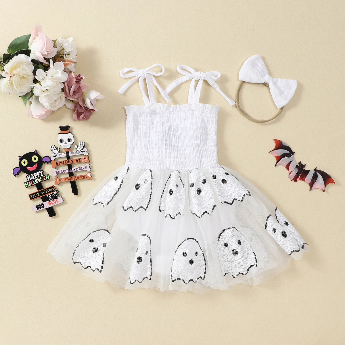 Halloween Infant Baby Girl Sequin Ghosts Jumpsuit w/ Tulle Skirt and Matching Bow Headband