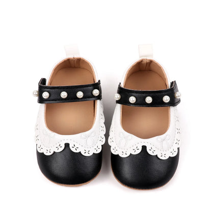Baby / Newborn Girl Mary Jane Flats with Pearls and Bow Embroidery