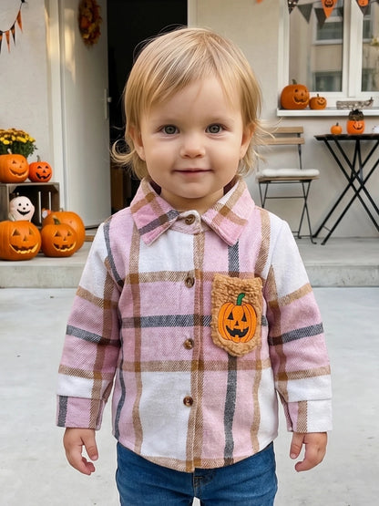 Toddler Girls Lightweight Plaid Flannel with Embroidered Pumpkin