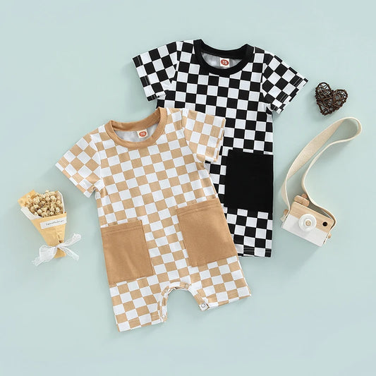 Baby Boy Lightweight Short Sleeve Checkered Print Jumpsuit