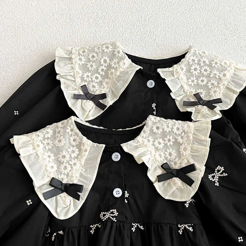 Baby Girls Goth Long Sleeve Bow Embroidered Sisters Romper / Dress
